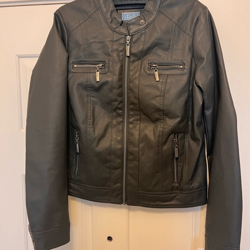 Jou Jou Gray Leather Motorcycle Jacket with Fitted Silhouette